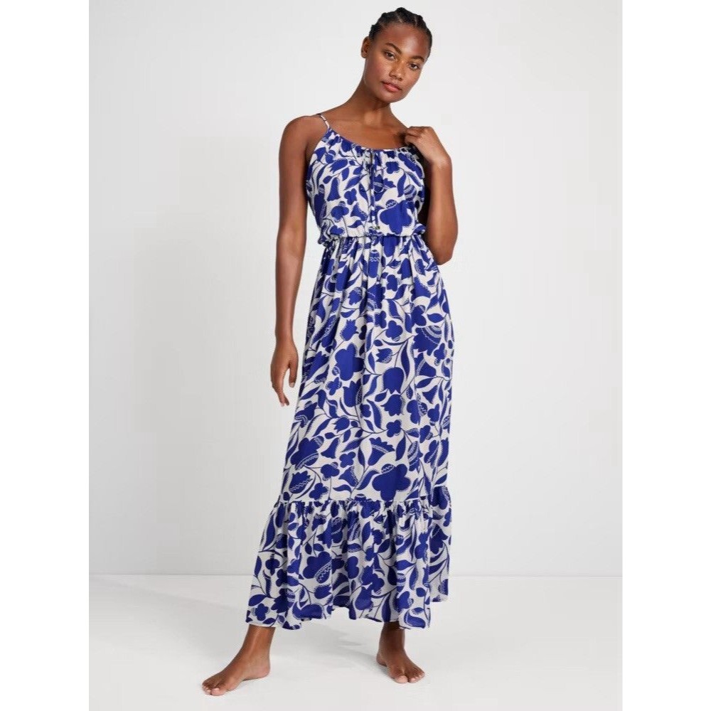 Kate Spade Zigzag Floral Cover Up Maxi Dress Women’s Sz S Blue White Adjustable